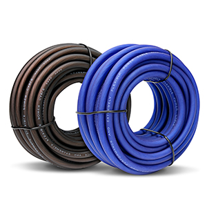 Flexible corrugated tubing shown in black and blue colors, displayed in various configurations and lengths against white background.