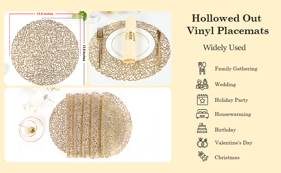 Crisjanggo Gold Metallic Round Placemats Set of 6 Laminated Vinyl Hollow Out Leaf