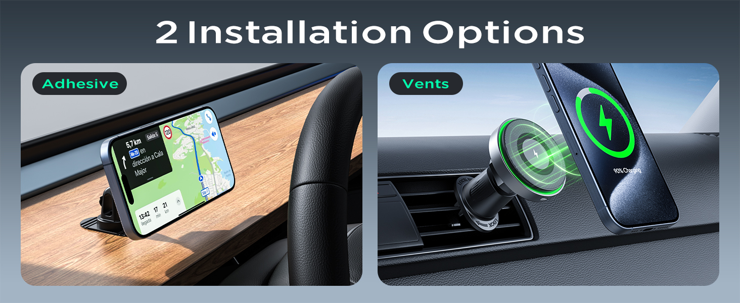 Two installation options for phone mounting: adhesive dashboard mount and air vent clip mount with magnetic attachment system.