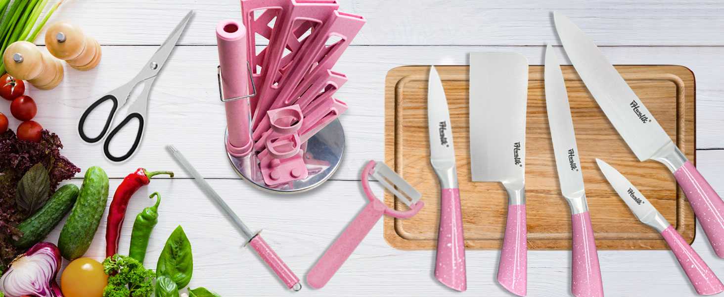 Kitchen Knife Set, Retrosohoo 9PC Pink Wheat Straw Sharp Cooking Knife Set with