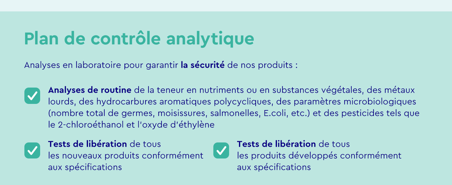 Document de contrôle qualité en français indiquant les points de contrôle des tests analytiques pour l'analyse en laboratoire des produits