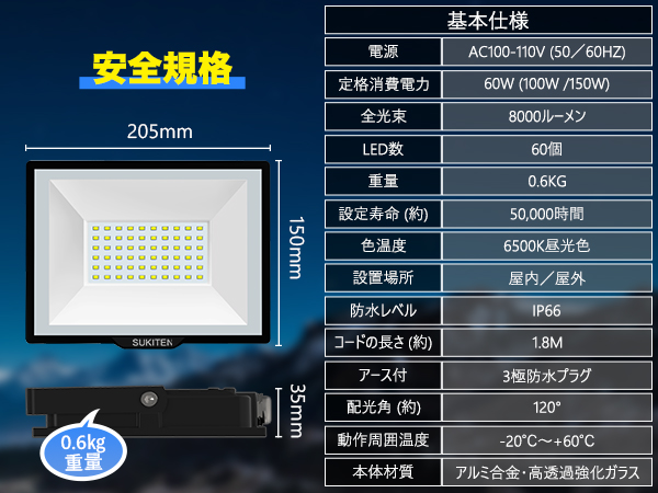 Amazon.co.jp: 【驚異の明るさ・省電力】SUKITEN 投光器 led
