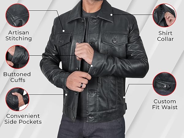 Button Down Leather Jacket for Men | Trucker Black - XS at