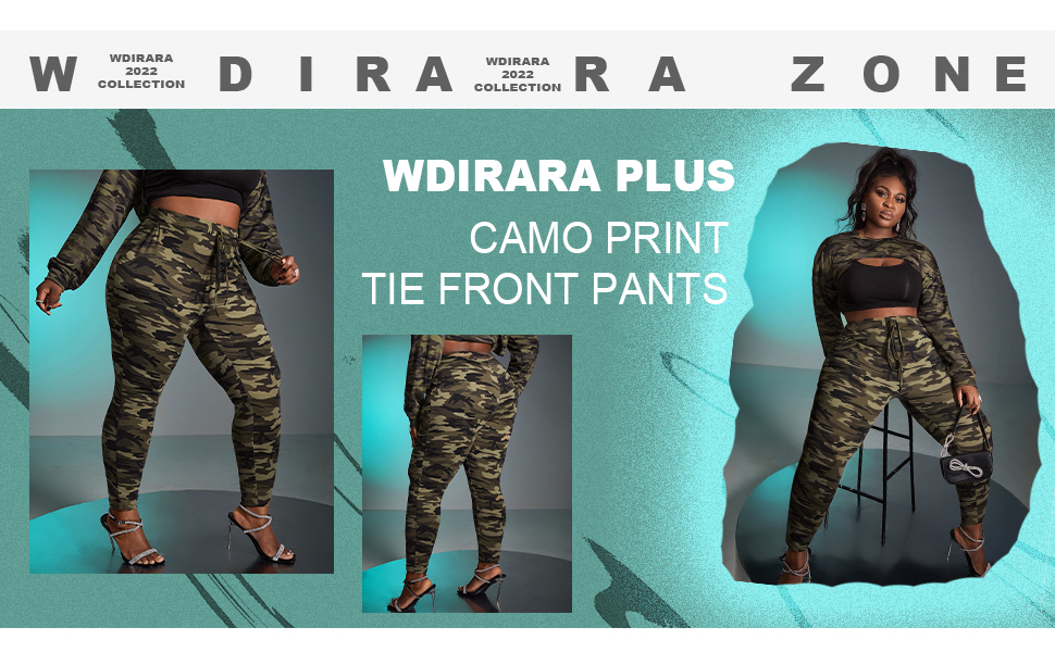 WDIRARA Women's Plus Size Camo Print Tie Front Stretch Skinny Long Pants