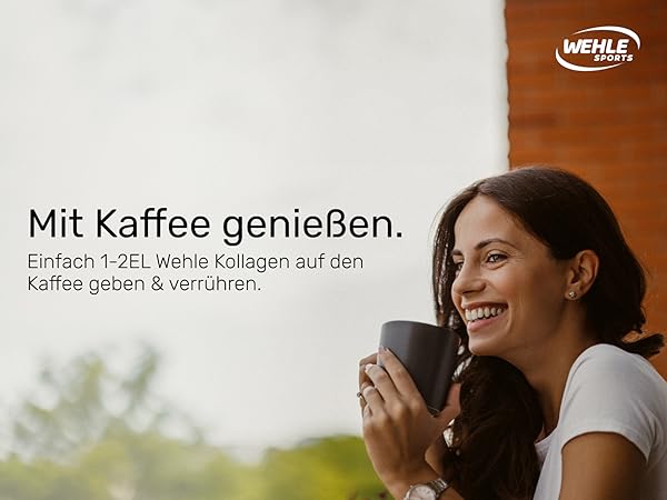Kaffeewerbung, die eine Frau zeigt, die eine weiße Tasse hält. Text auf Deutsch erwähnt den Genuss von Kaffee mit Kollagen.