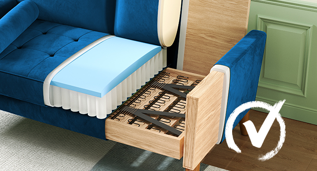including a blue foam insert and a wooden support frame with sliding mechanism under a blue covering.