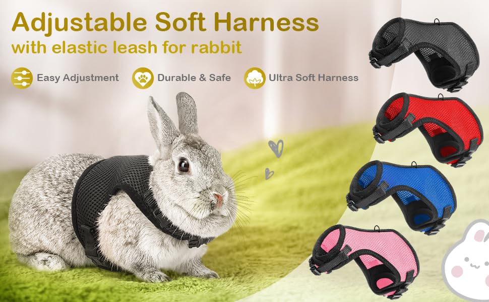 HAPPY HACHI Soft Rabbits Harness with Elastic Lead, Adjustable Bunny