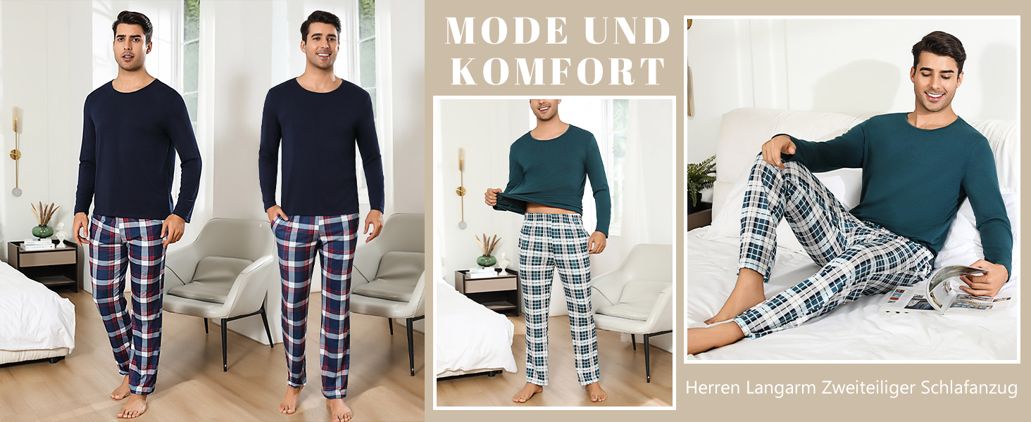 Uniexcosm Schlafanzug Herren Zweiteiliger Lang Baumwolle Pyjama Set