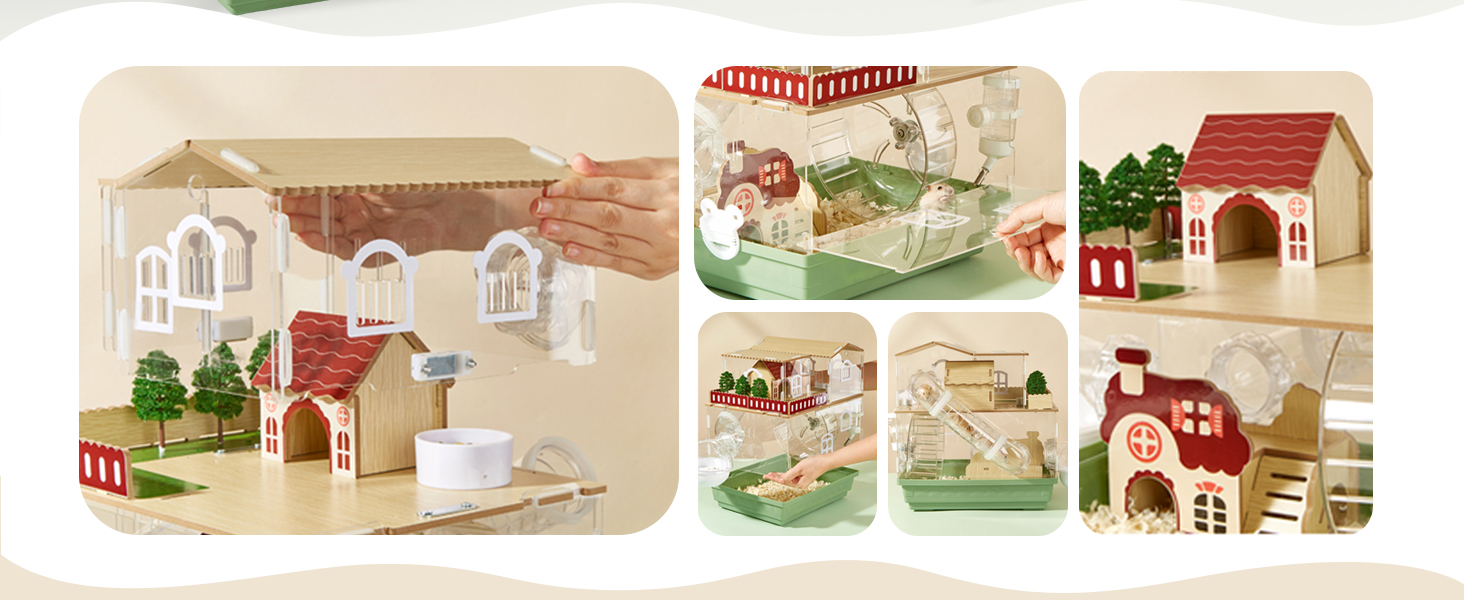 Miniatur-Puppenhaus-Set mit mehreren Räumen und Außenbereichen. Beinhaltet winzige Möbel, Bäume und Accessoires. Hergestellt aus hellem Holz mit roten Dachakzenten