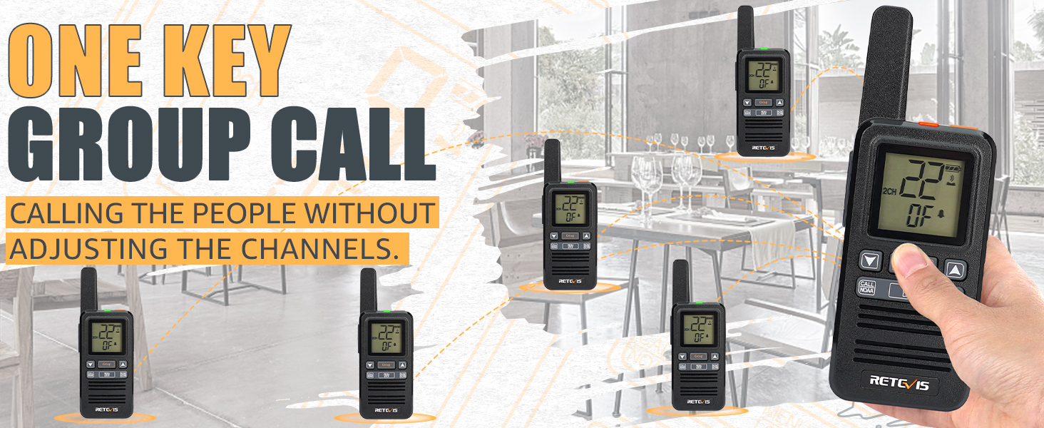 Retevis RB67 Small Walkie Talkies with Earpiece,Portable FRS Two Way Radios Rechargeable,Group Call,1600mAh Large Battery Capacity,USB-C,NOAA,Walkie Talkie for School Retail Restaurant(6 Pack) 11  Group Call walkie talkie with screen