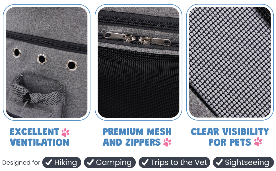 bottles bowls toys treats trash poop bags holder flow of fresh air enjoyable side pockets