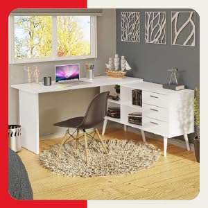  Escrivaninha Mesa de Escritório de Canto 3 Gavetas Branca Lisboa Madesa 