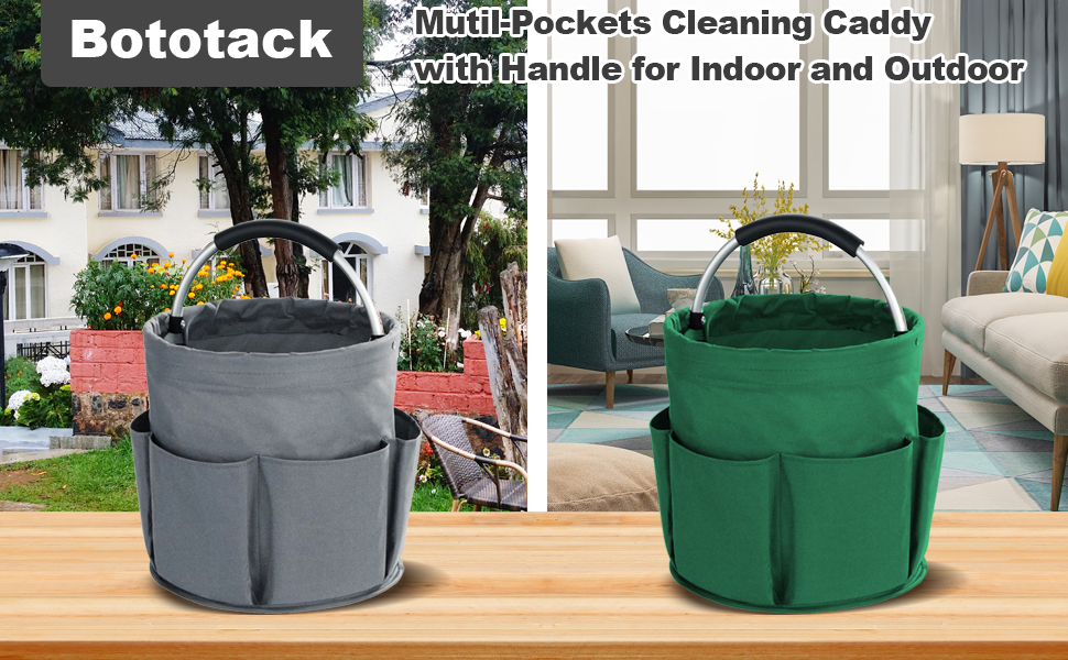 Bototack multipocket cleaning caddies with handles shown in gray and green colors, designed for indoor and outdoor use with multiple storage compartments.