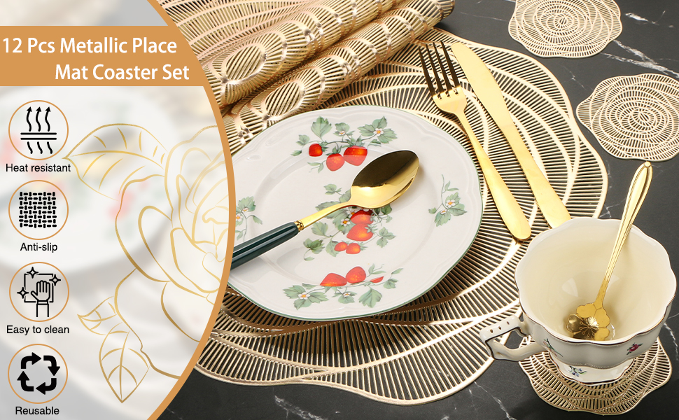 12 Pcs Round Pressed Vinyl Placemats Gold Placemat Coaster Set Metallic Place Mat