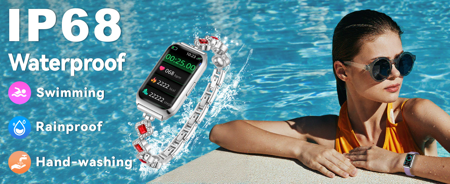 Text reads 'IP68', 'Waterproof', 'Swimming', 'Rainproof', 'Hand-washing'. Pool scene showing waterproof device features and water resistance capabilities.