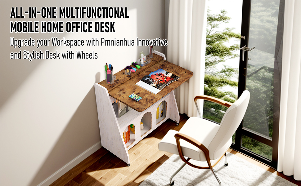 Pmnianhua Farmhouse Portable Desk on Wheels,Multipurpose Mobile
