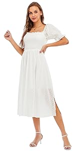 Women Vintage Summer Square Neck Ruffled Puff Sleeve Beach Party Elegant Midi Dress 