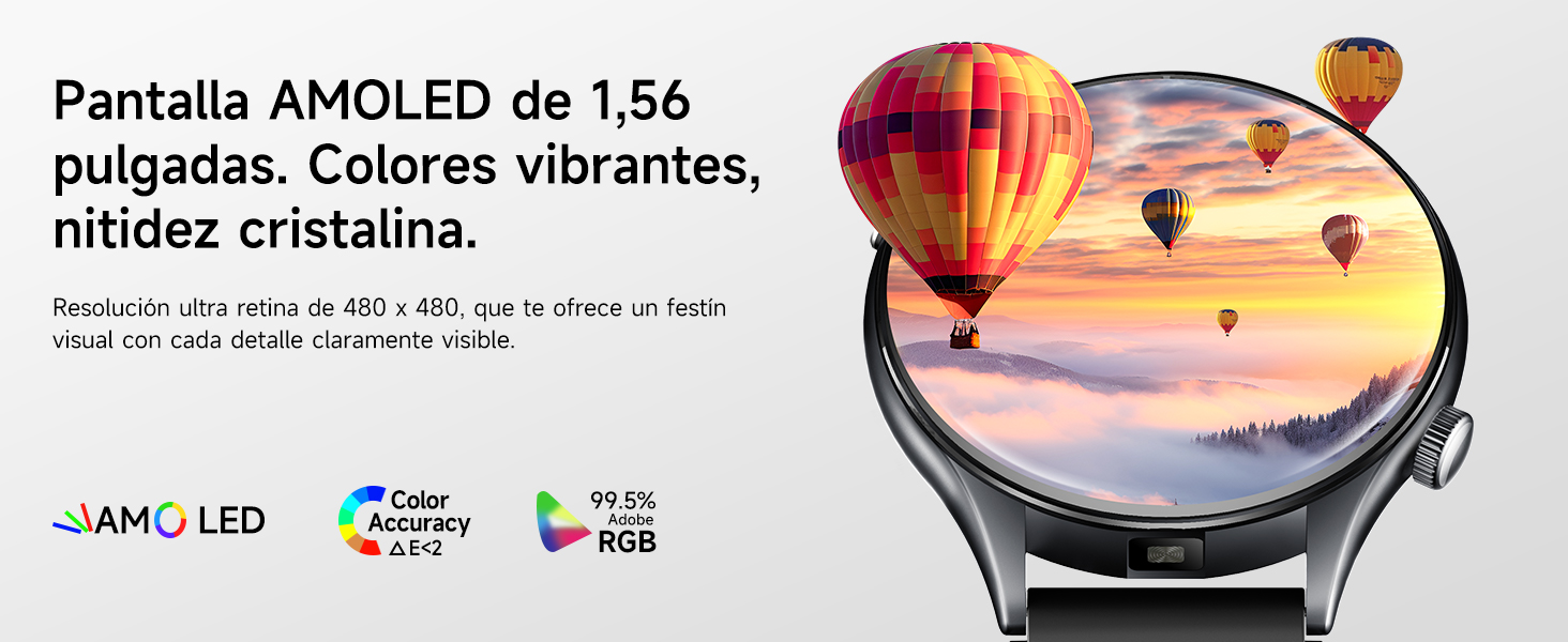 El texto dice «Pantalla AMOLED de 1.56». Diagrama técnico que muestra las especificaciones de la pantalla del reloj inteligente con globos aerostáticos en la interfaz frontal.