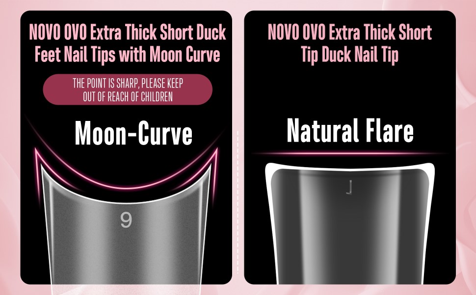 Extra thick short duck feet nail tips with two styles: Moon-Curve showing a curved edge, and Natural Flare displaying a wider, flared shape. Both are dark-colored artificial nails.