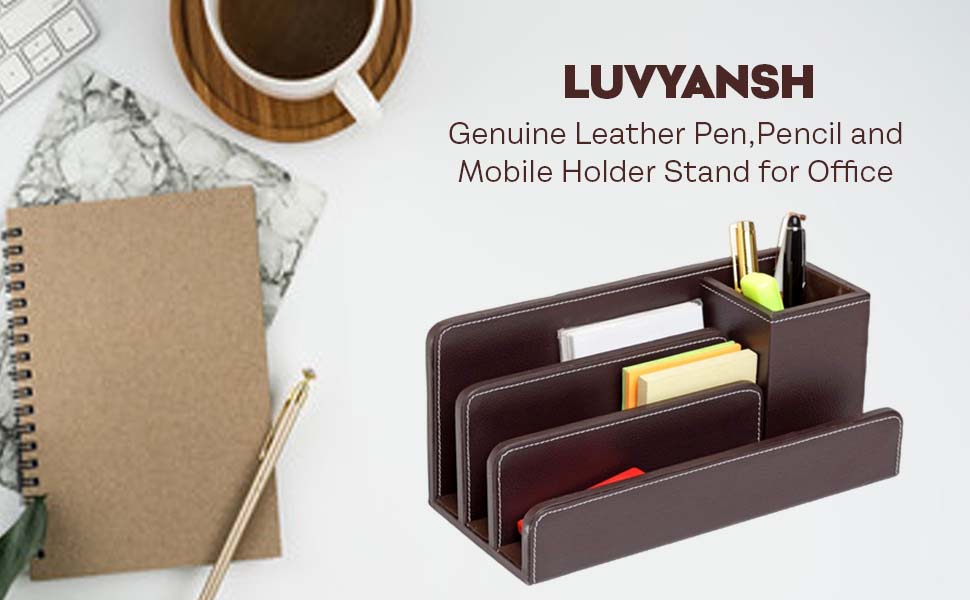 LUVYANSH Genuine Leather Pen,Pencil and Mobile Holder Stand for Office