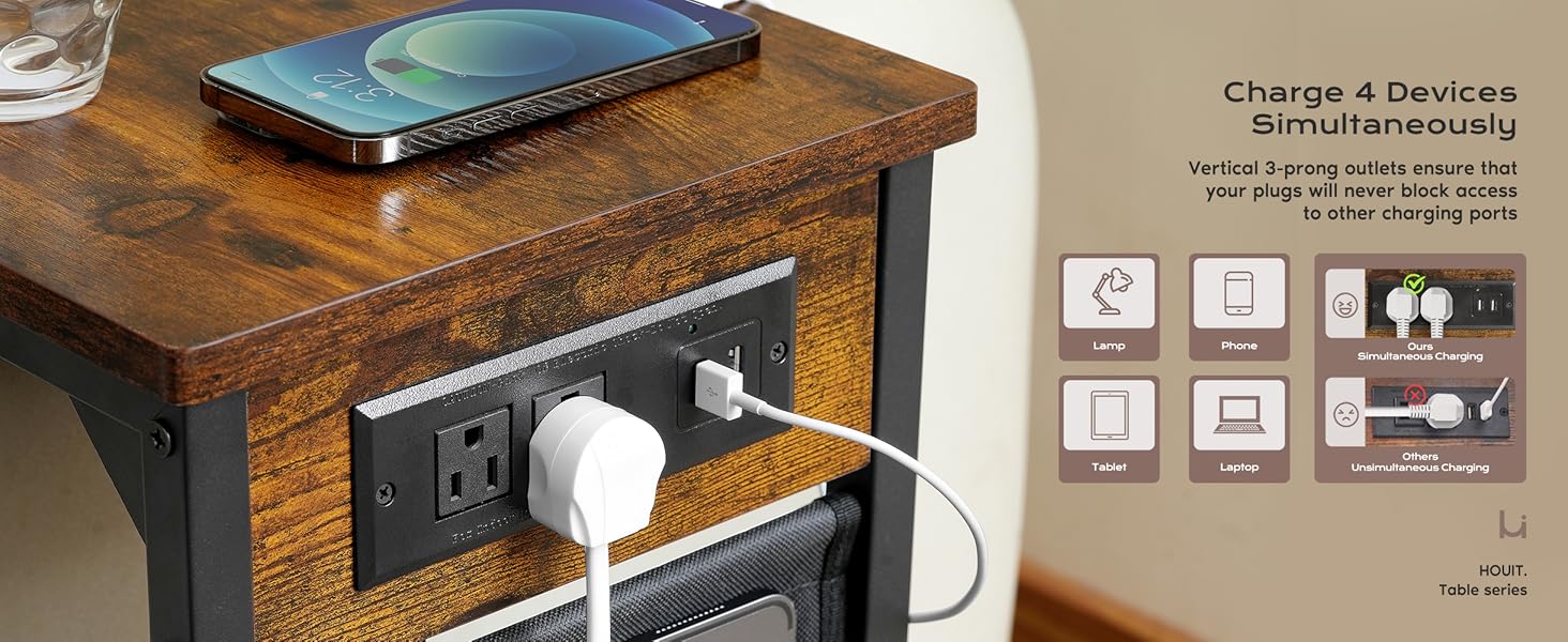 HOUIT C Shaped End Table with Charging Station Set of 2, Small Side Table for Sofa