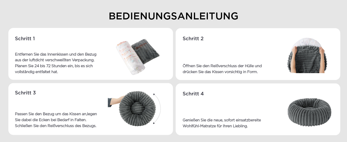 Der Text lautet „BEDIENUNGSANLEITUNG“. Bedienungsanleitung mit vier nummerierten Schritten und Produktbildern, die die Verwendung eines scheinbar kreisförmigen Geräts demonstrieren.
