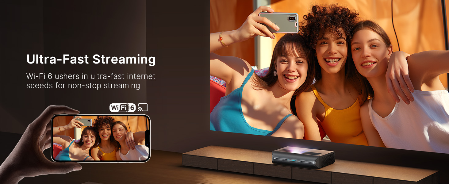 Wirelessly mirroring a smartphone onto the projector's display.