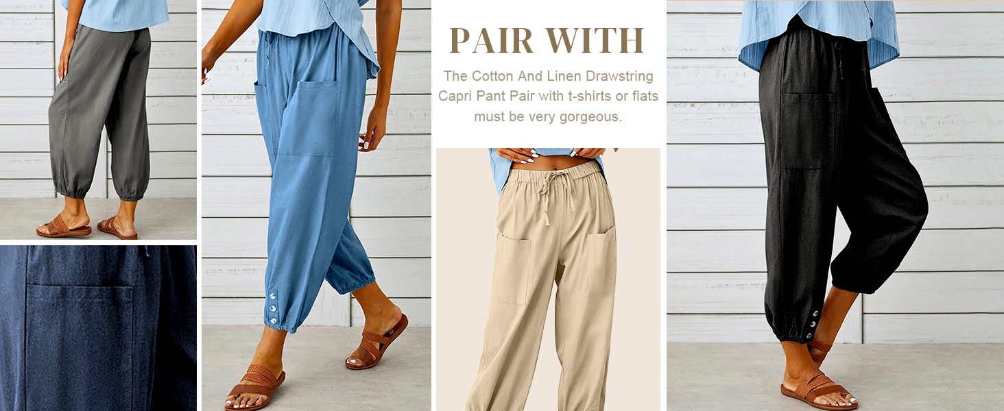 ASKSA Womens 7/8 Length Trousers Wide Leg Pants Summer Loose with Pockets