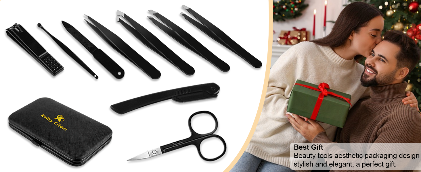 Manicure set with black handles, including nail clippers, scissors, and various grooming tools. Accompanied by a pouch for storage.
