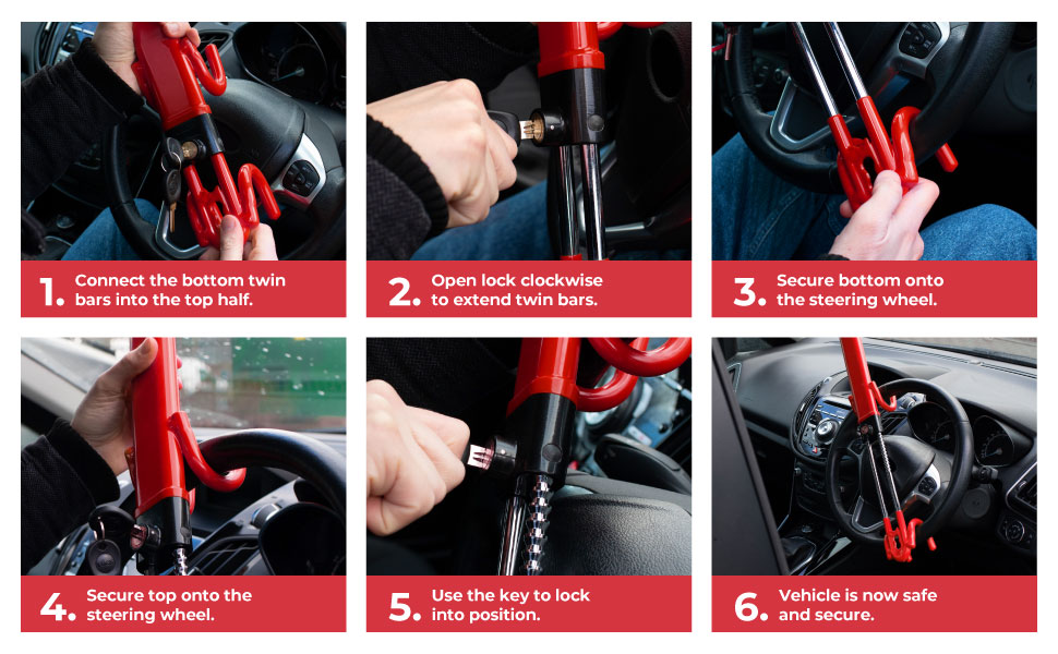 Sevenwalls Twin Bar Steering Wheel Lock - Heavy Duty Car Lock Anti-Theft Device - Universal Fit