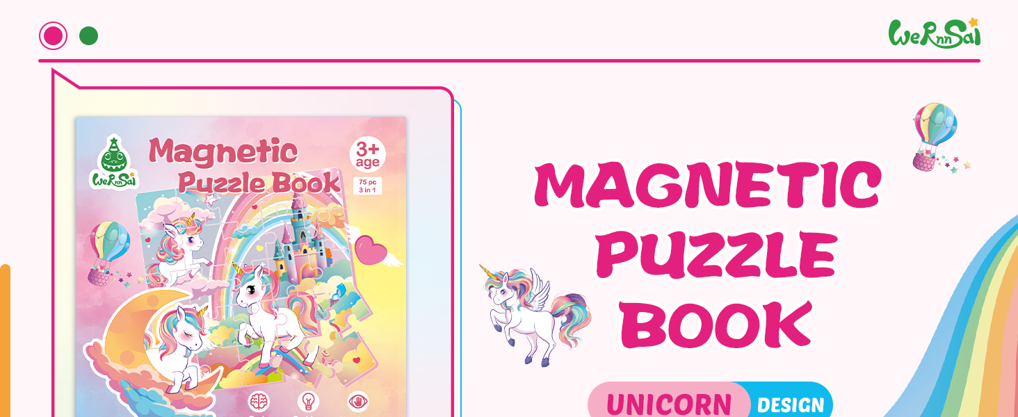 Children's magnetic puzzle book featuring unicorn theme with colorful rainbow design and pink text on white background.