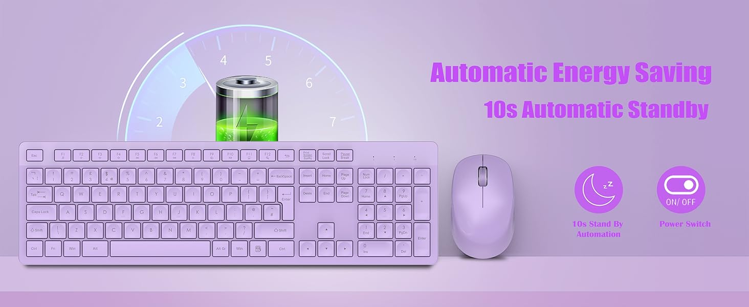 White wireless keyboard and mouse set with purple backlighting, featuring automatic energy-saving functionality.