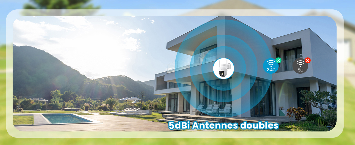 Le texte indique « Esky Antennes doubles ». Maison moderne de deux étages bleue et blanche montrée sur fond de montagne avec installation d'antenne parabolique.