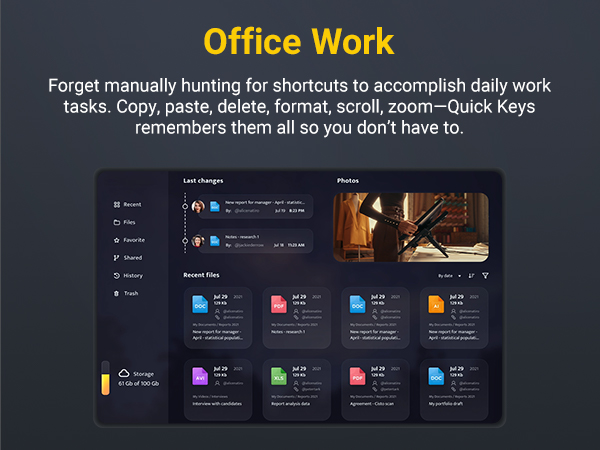 Text reads 'Office Work: Forget manually hunting for shortcuts to accomplish daily work tasks. Copy, paste, delete, format, scroll, zoom—Quick Keys remembers them all so you don't have to.' Dark interface showing shortcut menu.