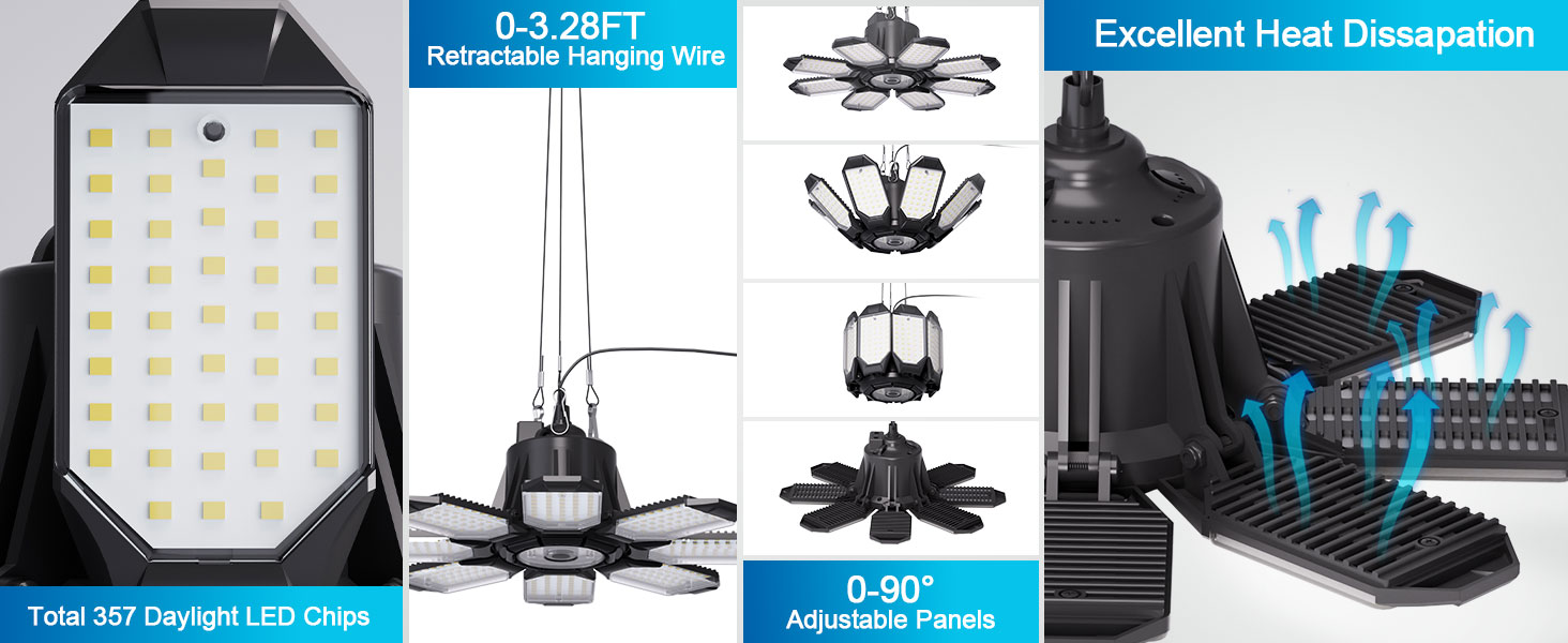 TANBABY Upgrade 250W LED Garage Lights Plug in 2 Pack, Total 50000LM