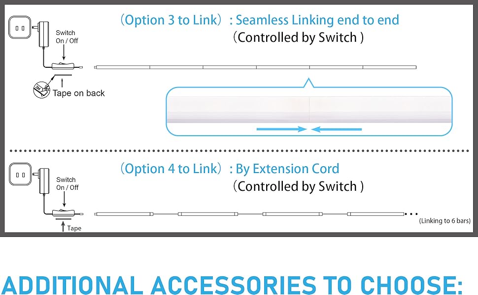 Option 3: Seamless Linking Controlled by Switch, Option 4: Linking by Cords, Controlled by Switch
