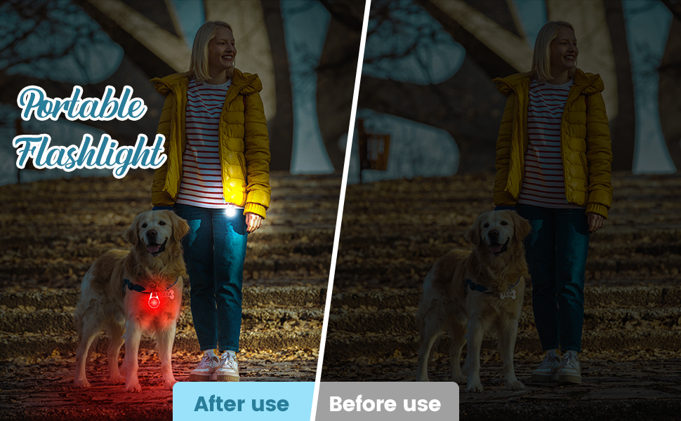 Before and after images demonstrating a portable flashlight. Left shows person and dog illuminated by red and yellow lights, right shows without illumination.