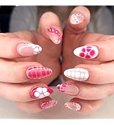 French Tip Press on Nails Medium Almond Fake Nails with Designs Flower Gel Glue on Fingernails Rh...