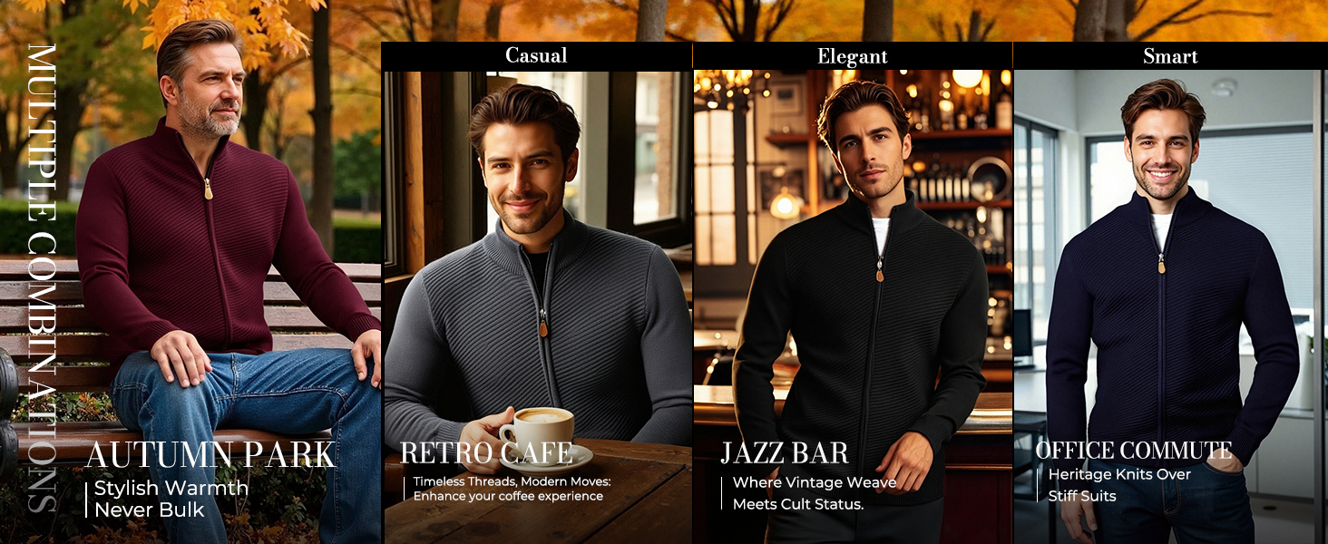 PJ PAUL JONES Men's Full Zip Up Cardigan Sweater Casual Stand Collar Knit Texture Cardigans