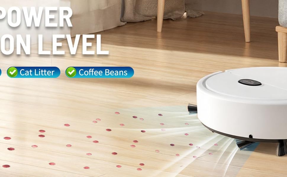 Text reads 'HIGH POWER SUCTION LEVEL'. White circular robotic vacuum cleaner shown cleaning floor with scattered debris.