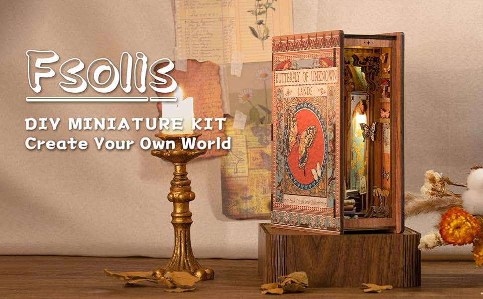 Fsolis Book Nook Kit, 3D Wooden Puzzle Bookend Miniature House Kit Decorative