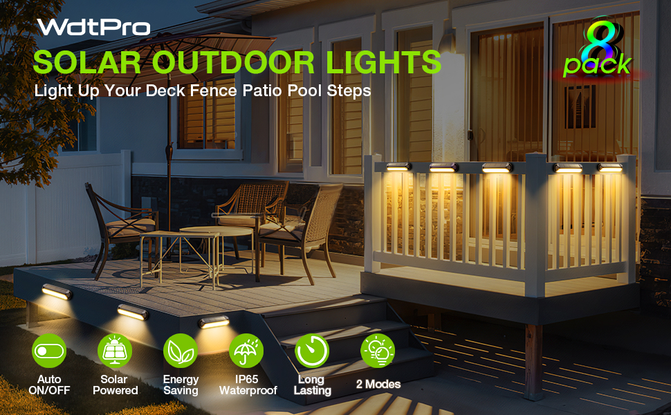 WdtPro Solar Fence Lights Outdoor Waterproof, 8 Pack Bright Solar Deck