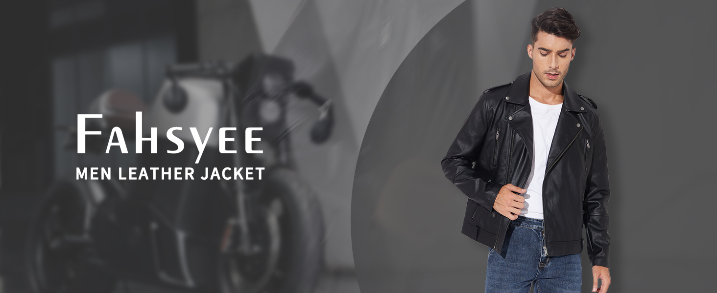 Mann trägt eine schwarze Motorradjacke aus Leder mit Reißverschlussdetails und steht vor einem verschwommenen Hintergrund. Auf der Texteinblendung steht „FAHSYEE