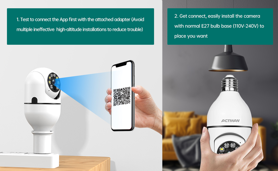 2 Pack Light Socket Security Cameras Wireless 2.4G WiFi