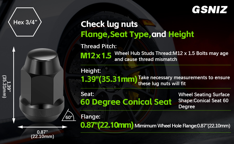 20Pcs M12x1.50 Thread - Black Closed End Bulge Acorn Style Lug Nuts
