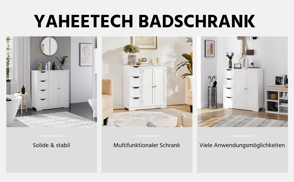 Three images of a white bathroom cabinet with multiple drawers, showcasing its versatility in different bathroom settings.