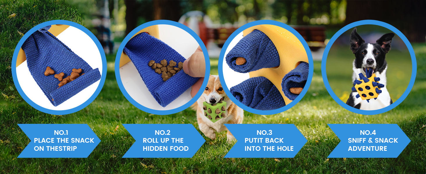 1-PLACE THESNACK ON THESTRIP 2-ROLL UP THEHIDDEN FOOD 3-PUTIT BACKINTO THEHOLE4-SNIFF&SNACKADVENTURE