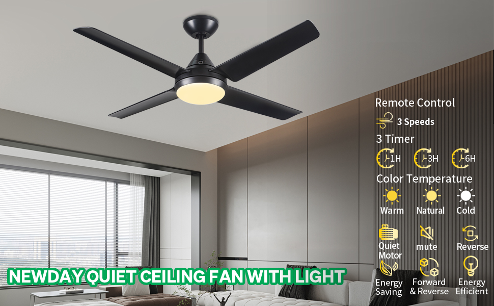 Newday Black Ceiling Fan with Light,48 inch Ceiling Fan with Lamps and