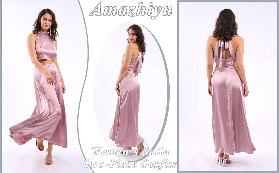 Amazhiyu Women Satin Two-Piece Outfits Summer Halter Crop