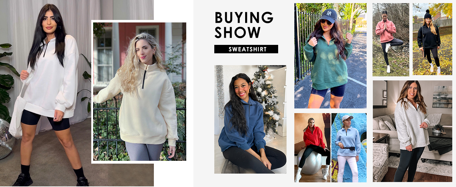 Collage de photos de vêtements de style de vie montrant diverses tenues décontractées, notamment des pulls et des vêtements de sport dans des tons neutres et bleus